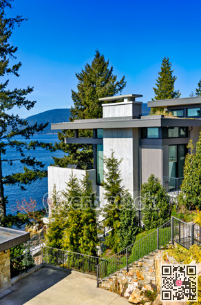 Corner of a residential house with Pacific ocean bay overview