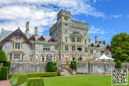 Old historic castle on Vancouver island on blue sky background