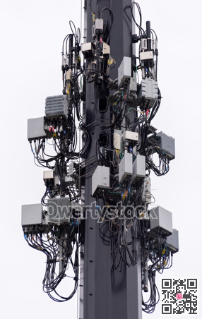 Wireless communication equipment mounted on big lightening pole, Isolated on white