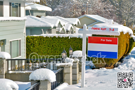 Real Estate for sale. House in snow for sale. Sign on the post. Winter sale
