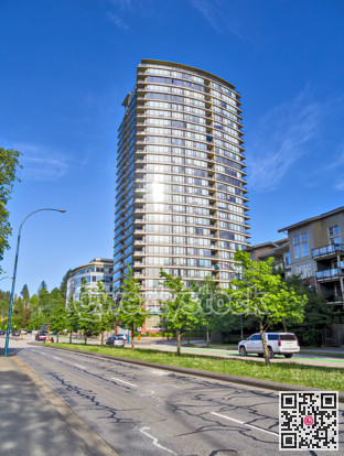Street view with residential high-rise and low-rise buildings